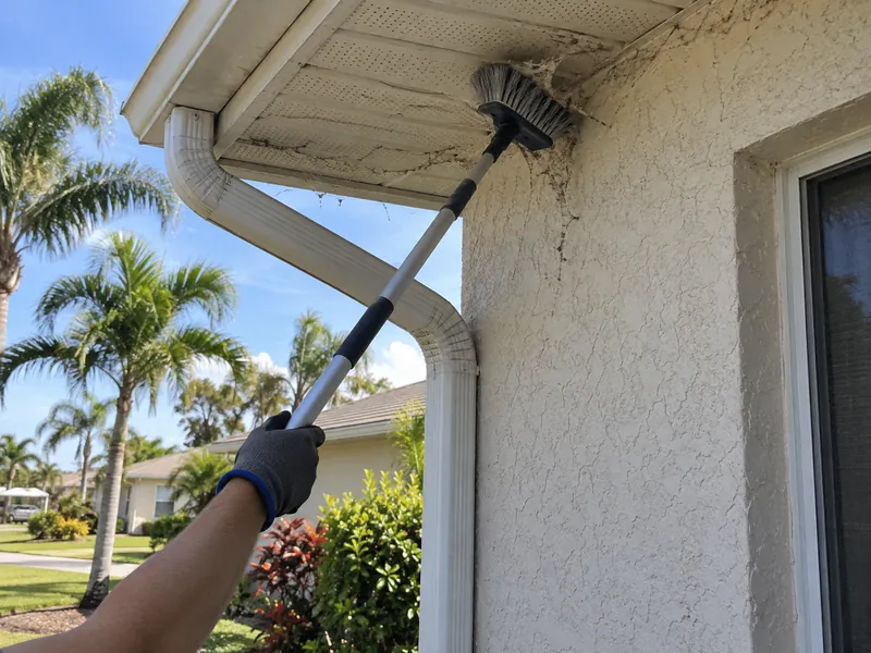 A gloved hand uses an extension brush to remove webs from an exterior soffit
