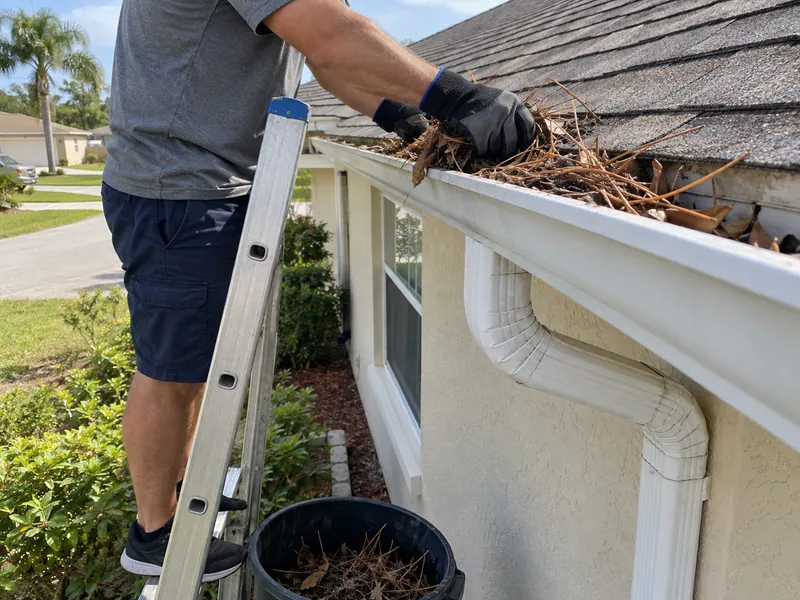A person on a ladder removes leaves from a white gutter into a collection bin