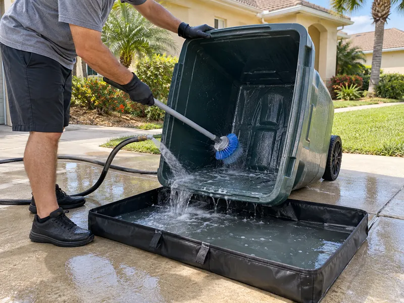 A person washes the inside of a green rolling trash bin over a containment mat