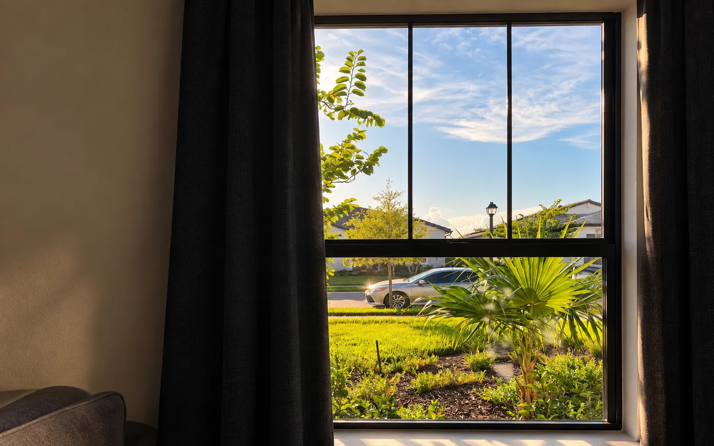 Sunlight and a Florida neighborhood seen through a residential window